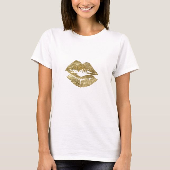 Elegantes Gold Glitzer Lips Muster T-Shirt (Vorderseite)