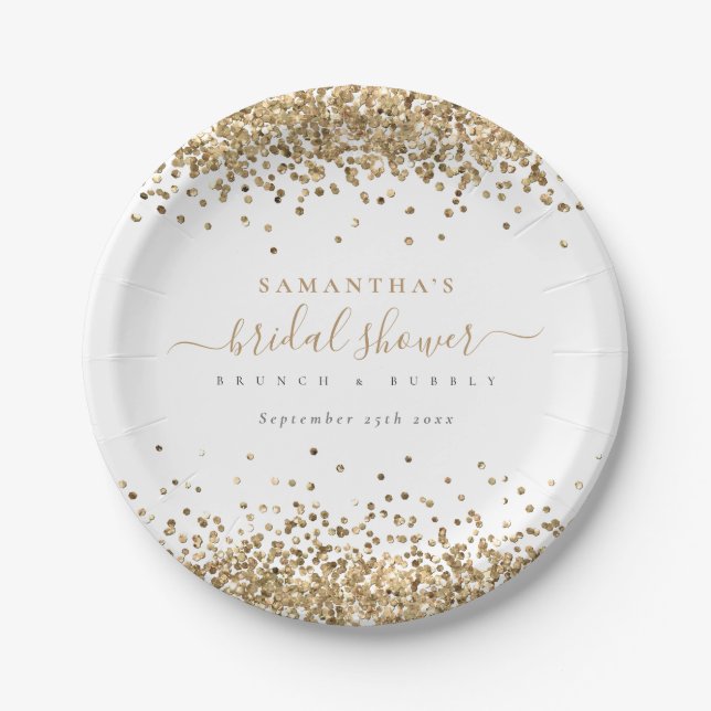 Elegantes Gold Glitzer Name Date Brautparty Pappteller (Vorderseite)