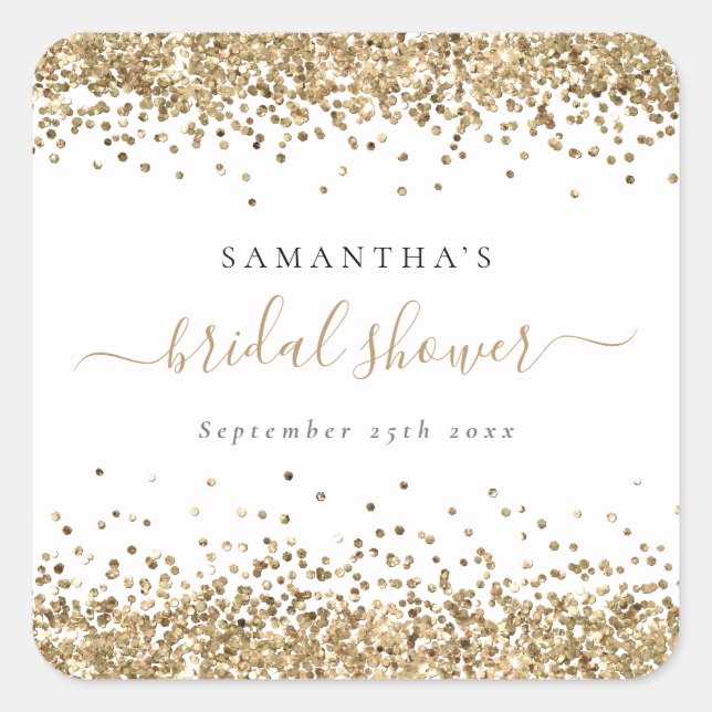Elegantes Gold Glitzer Name Date Brautparty Quadratischer Aufkleber (Vorderseite)
