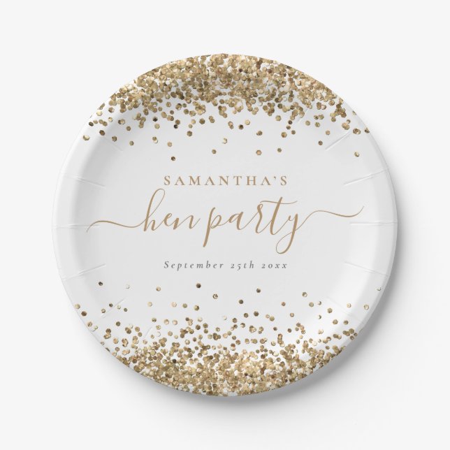 Elegantes Gold Glitzer Name Datum Hen Party Pappteller (Vorderseite)