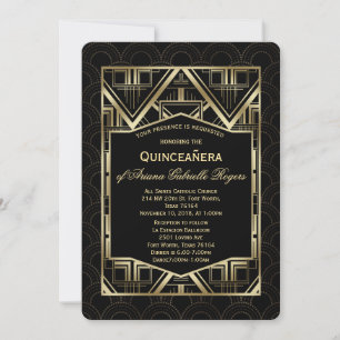 Elegantes Gold Great Gatsby Art Deco Stil Quinceañ Einladung