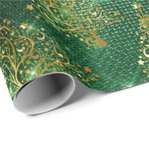 Elegantes Gold Green Glitzer Weihnachtsbaum Muster Geschenkpapier