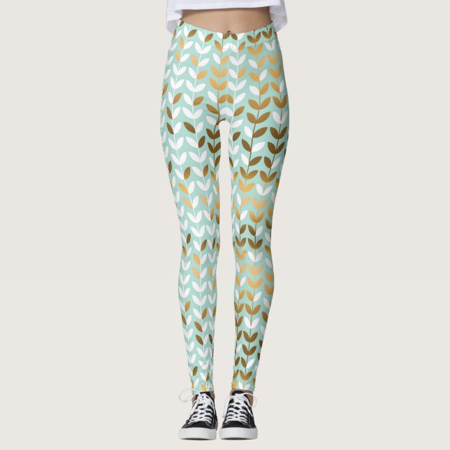 Elegantes Gold Green Leaf Muster Leggings (Vorderseite)