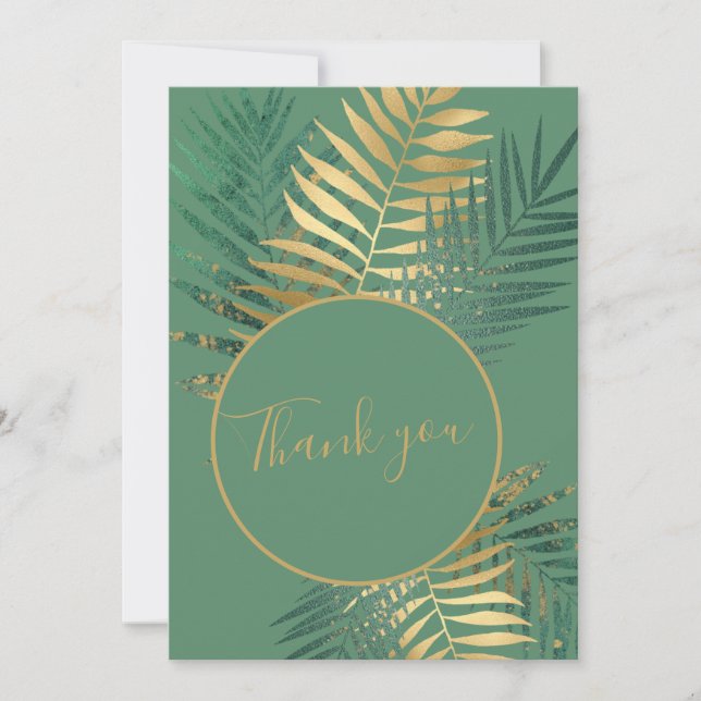 Elegantes Gold & Green Tropical Pflanze Hochzeiten Dankeskarte (Vorderseite)