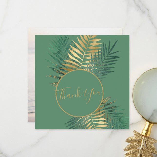 Elegantes Gold & Green Tropical Pflanze Hochzeiten Dankeskarte (Vorderseite/Rückseite Beispiel)