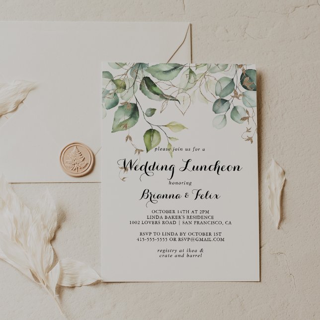 Elegantes Gold Green Wedding Luncheon Brautparty Einladung (Von Creator hochgeladen)