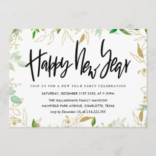 Elegantes Gold Greenery Happy New Year Script Einladung