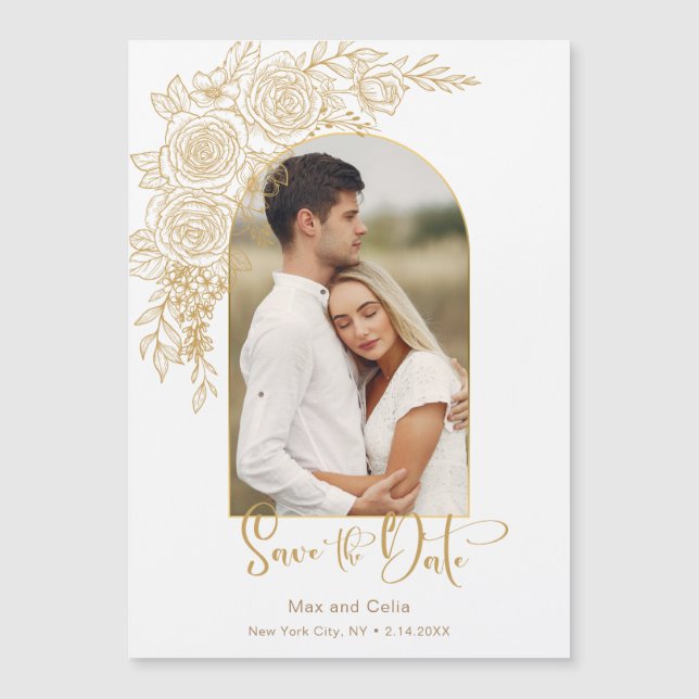 Elegantes Gold Hand Drawn Rose Foto Save the Date Magneteinladung (Vorderseite)