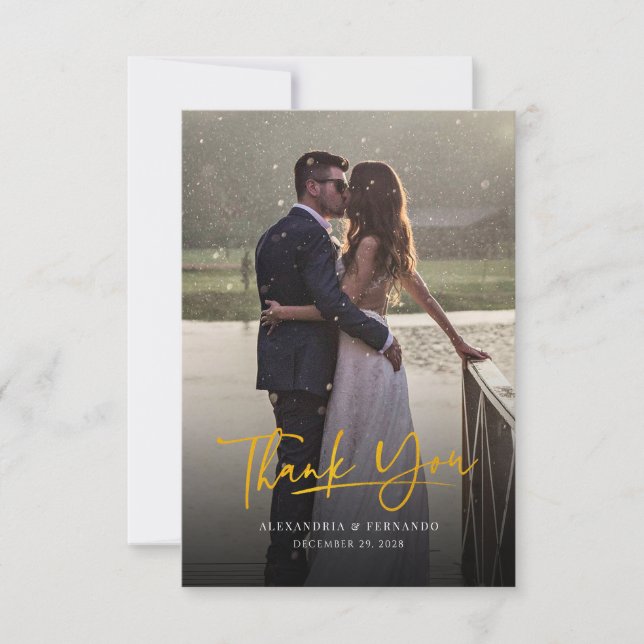 Elegantes Gold Hand Lettered Wedding Foto Vielen D Mitteilungskarte (Vorderseite)