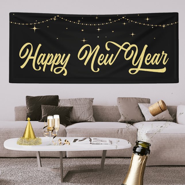 Elegantes Gold Happy New Year Banner (Happy New Year Banner. Celebrate the New Year with a party, Photo Backdrop. Gold Black Elegant)