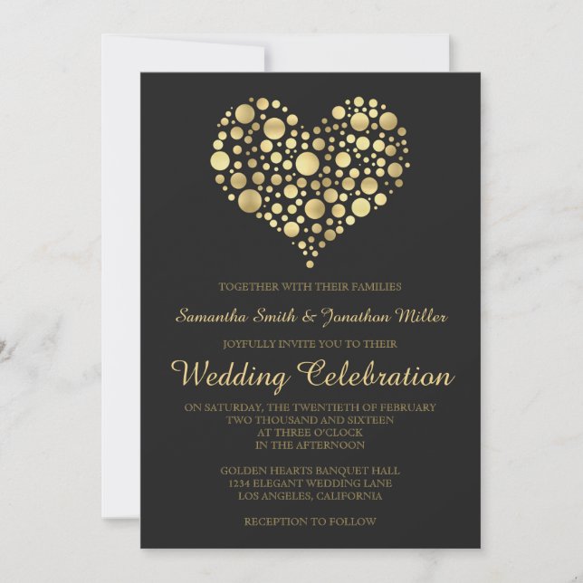 Elegantes Gold Heart Dusty Black Wedding Einladung (Vorderseite)
