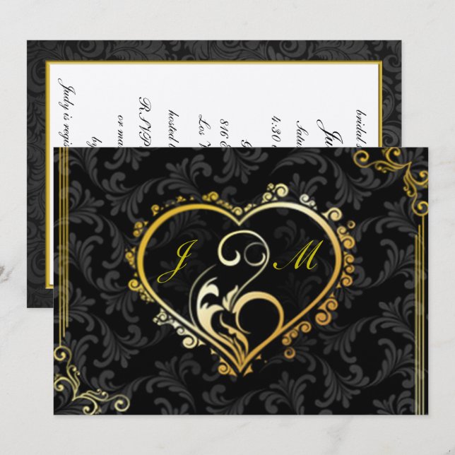Elegantes Gold Heart Monogram Brautparty Einladung (Vorne/Hinten)