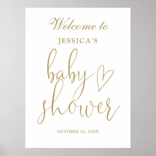 Elegantes Gold Heart Script Baby Dusche Begrüßungs Poster (Vorne)