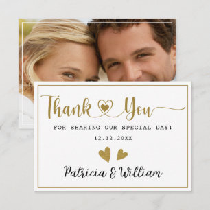 Elegantes Gold Hearts Couple Foto Hochzeit Dankeskarte