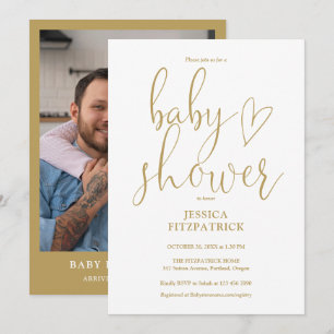 Elegantes Gold Herz Schriftfoto Baby Shower Einladung