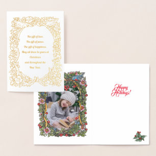 Elegantes Gold Holiday Bird Wreath Foto Weihnachte Folienkarte