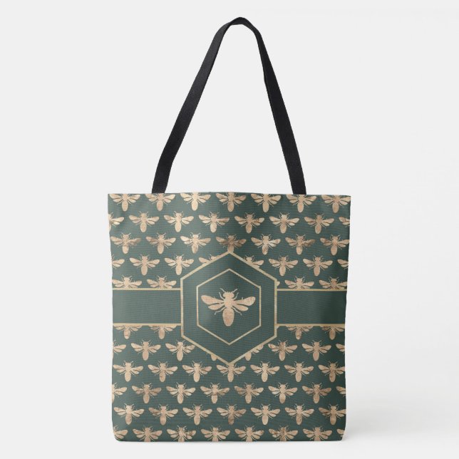 Elegantes Gold HoneyBee-Muster auf dunkelgrün Tasche (Vorderseite)