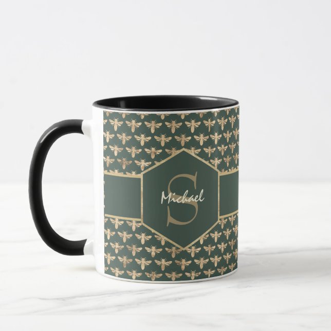 Elegantes Gold HoneyBee-Muster auf dunkelgrün Tasse (Links)