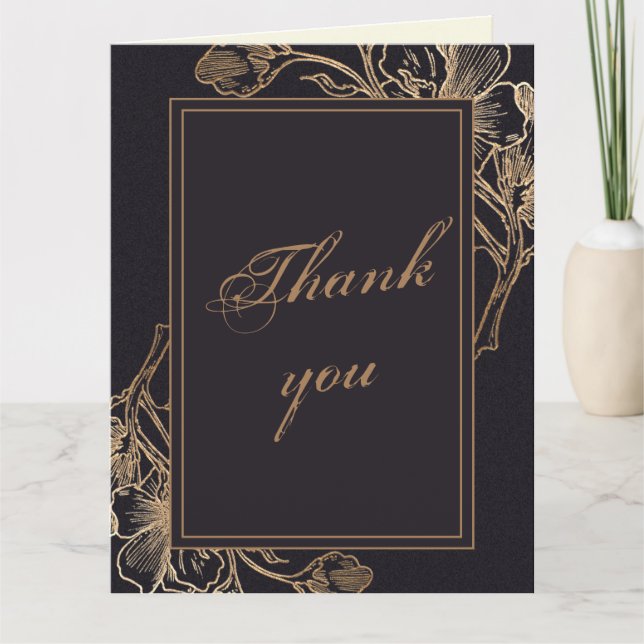 Elegantes Gold Imitats Metal Floral Foto Hochzeit Dankeskarte (Vorderseite)