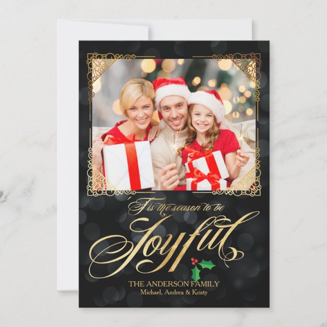 Elegantes Gold Joyful Black Bokeh Foto Weihnachten (Vorderseite)