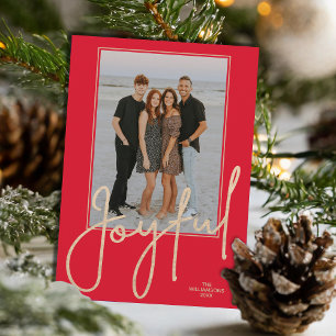 Elegantes Gold JOYFUL Schriftzug auf rotem Foto We Feiertagskarte