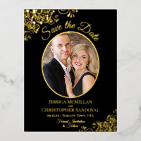 Elegantes Gold Lace & Foto Black Save the Date
