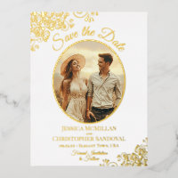Elegantes Gold Lace & Foto Save the Date weiß