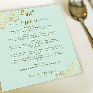 Elegantes Gold Lace Mint Green Budget Wedding Menü