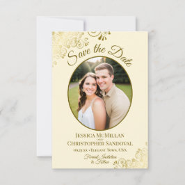 Elegantes Gold Lace Oval Foto Elfenbeincreme Hochz Save The Date