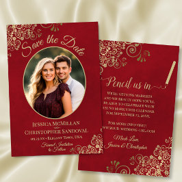 Elegantes Gold Lace & Oval Foto Marmorierte Rote H Save The Date