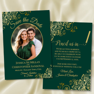 Elegantes Gold Lace Oval Foto Smaragdgrüne Hochzei Save The Date