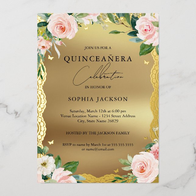 Elegantes Gold Lace Rosa Foto Quinceanera Folieneinladung (Vorderseite)