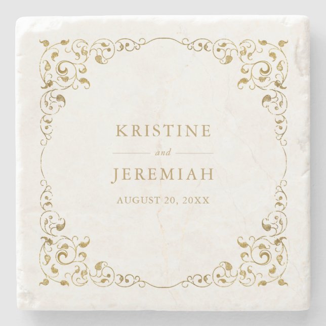Elegantes Gold Leaf Personalisiert Hochzeit Steinuntersetzer (Vorderseite)