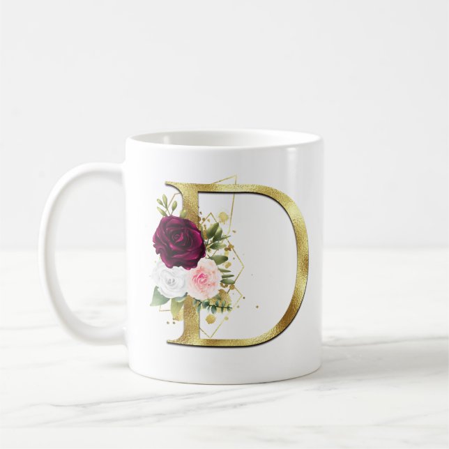 Elegantes Gold Letter D Pink Burgundy Rose Monogra Kaffeetasse (Links)