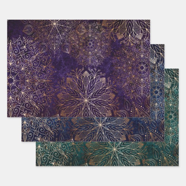 Elegantes Gold Lila Aquamarin & Blue Floral Mandal Geschenkpapier Set (Set)