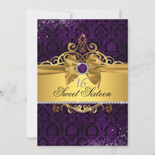 Elegantes Gold Lila Damask 16 . Geburtstag Einladu Einladung (Vorderseite)