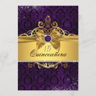 Elegantes Gold Lila Damask Quinceanera Einladung