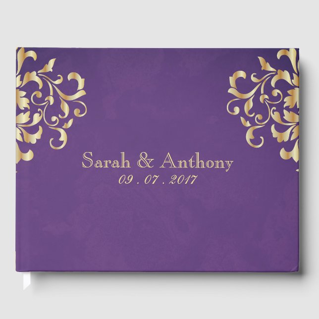 Elegantes Gold & Lila Damask Wedding Gästebuch (Vorderseite)