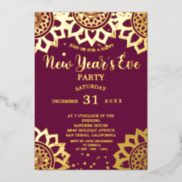 Elegantes Gold Lila Mandala Silvester Party Folieneinladung