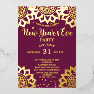 Elegantes Gold Lila Mandala Silvester Party Folieneinladung
