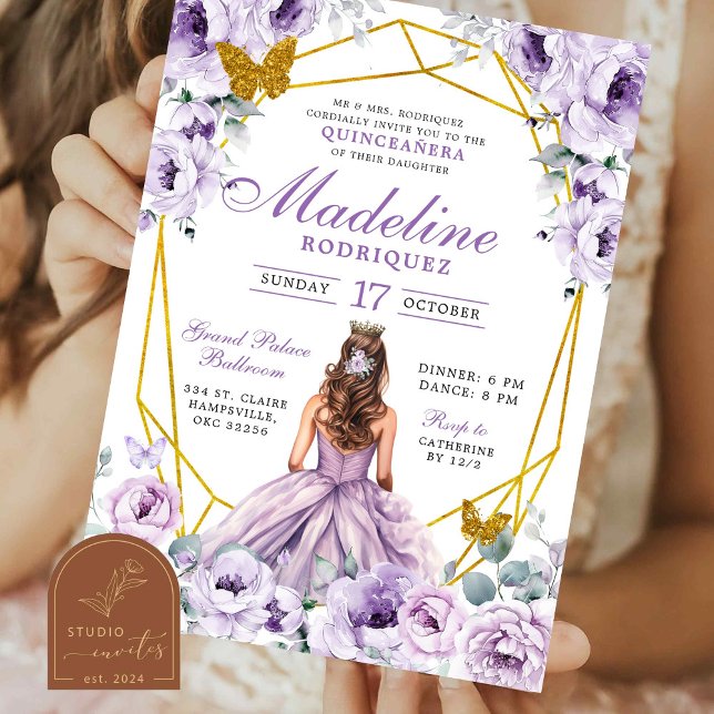 Elegantes Gold Lila mexikanische Prinzessin Quince Einladung (Von Creator hochgeladen)