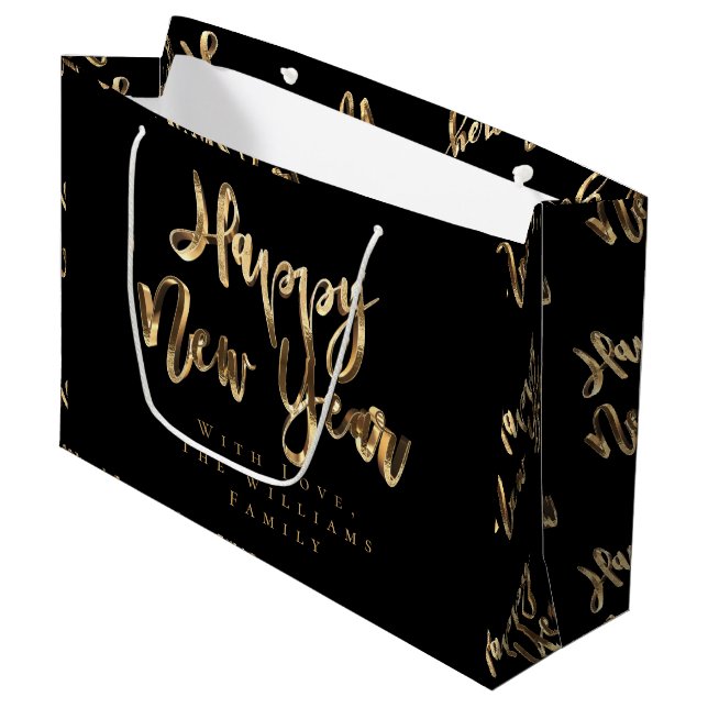 Elegantes Gold Look Script Schwarzes Glück Neues J Große Geschenktüte (Vorderseite Schrägansicht)