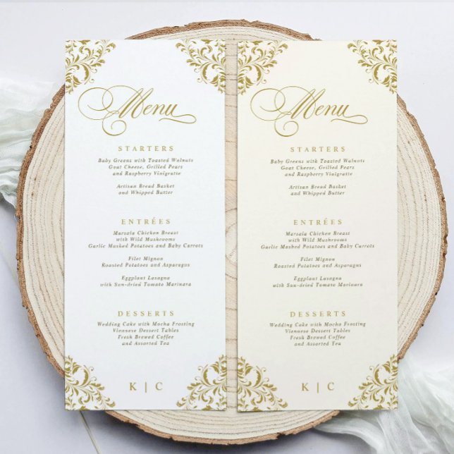 Elegantes Gold Luxury Wedding Menü Menükarte (Luxury gold wedding menu with elegant script—perfect for formal place settings)
