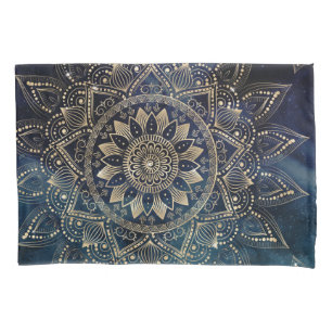 Elegantes Gold Mandala Blue Galaxy Design Kissenbezug