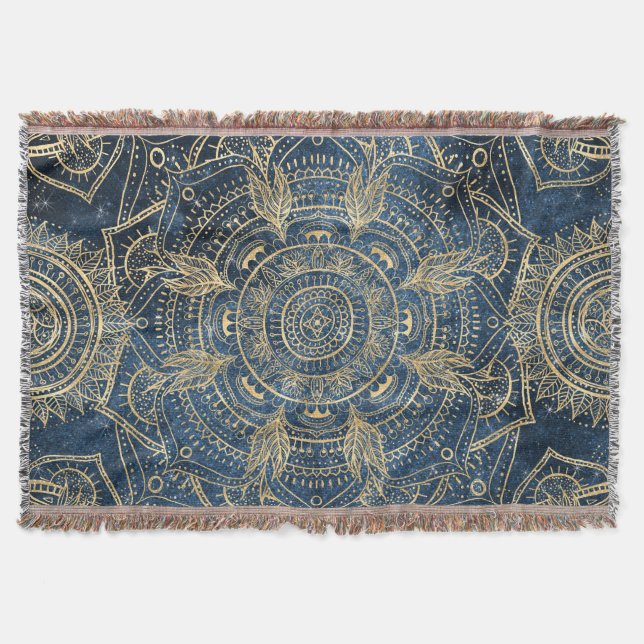 Elegantes Gold Mandala Blue Whimsy Design Decke (Vorderseite)