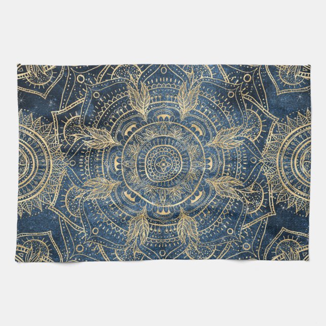 Elegantes Gold Mandala Blue Whimsy Design Geschirrtuch (Horizontal)