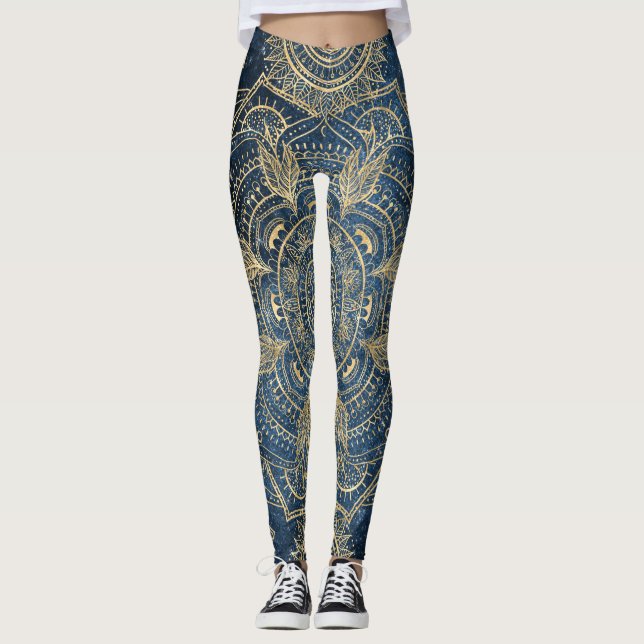 Elegantes Gold Mandala Blue Whimsy Design Leggings (Vorderseite)