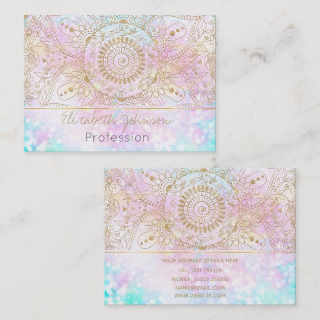 Elegantes Gold Mandala & Holographic Glitzer Desig Visitenkarte (Vorne/Hinten)