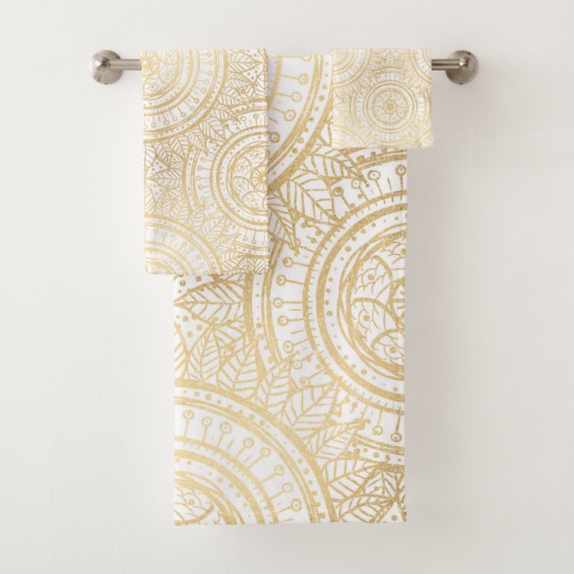 Elegantes Gold Mandala Sonnenblume Weißes Muster Badhandtuch Set (Insitu)