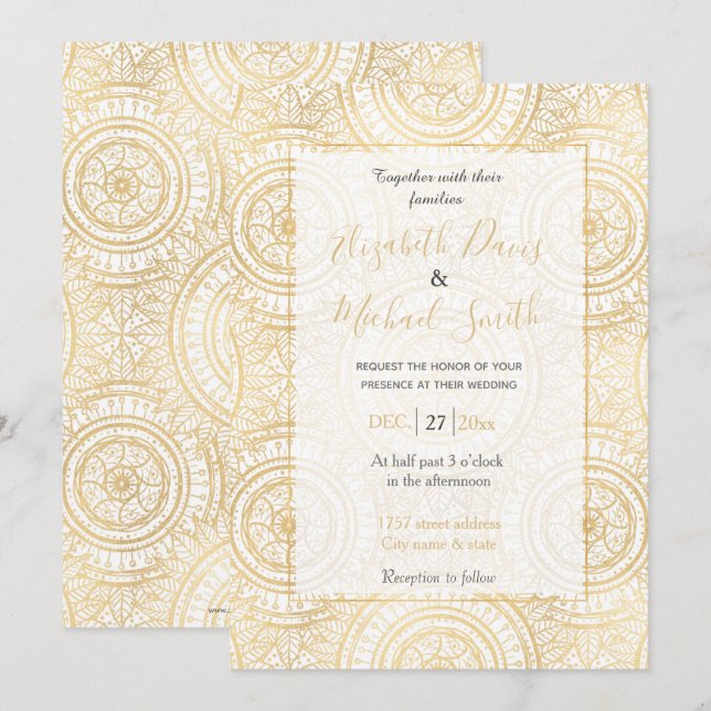 Elegantes Gold Mandala Sonnenblume Weißes Muster Einladung (Vorne/Hinten)